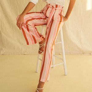 Paper Bag Waist Belted Vertical Striped Wide Leg Printed Pants - High Waist